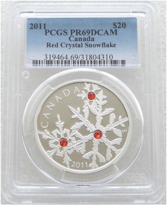 2011 Canada Swarovski Crystal Snowflake Hyacinth Red $20 Silver Proof 1oz Coin PCGS PR69 DCAM 2011 Canada Swarovski Crystal Snowflake Hyacinth Red $20 Silver Proof 1oz Coin PCGS PR69 DCAM