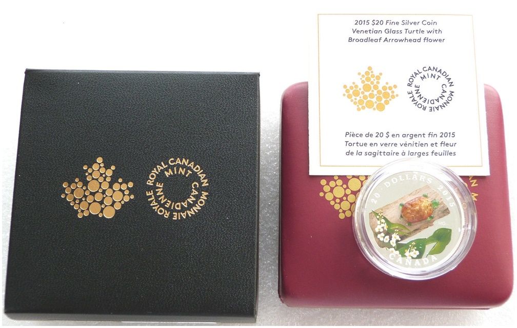 2015 Canada Murano Venetian Glass Turtle $20 Silver Proof 1oz Coin Box Coa