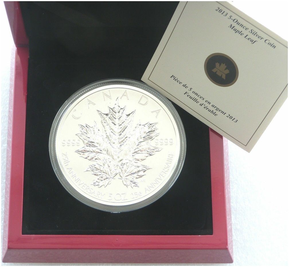 2013 Canada Maple Leaf 25th Anniversary $50 Silver Reverse Proof 5oz Coin Box Coa 2013 Canada Maple Leaf 25th Anniversary $50 Silver Reverse Proof 5oz Coin Box Coa