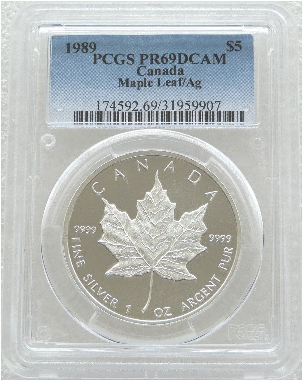 1989 Canada Maple Leaf $5 Silver Proof 1oz Coin PCGS PR69 DCAM