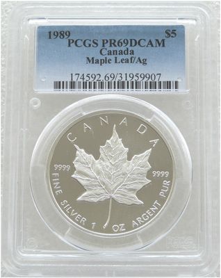 1989 Canada Maple Leaf $5 Silver Proof 1oz Coin PCGS PR69 DCAM 1989 Canada Maple Leaf $5 Silver Proof 1oz Coin PCGS PR69 DCAM