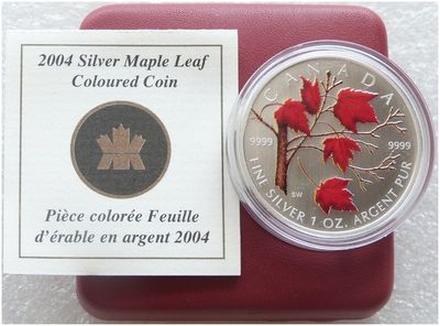 2004 Canada Maple Leaf Colour $5 Silver 1oz Coin Box Coa