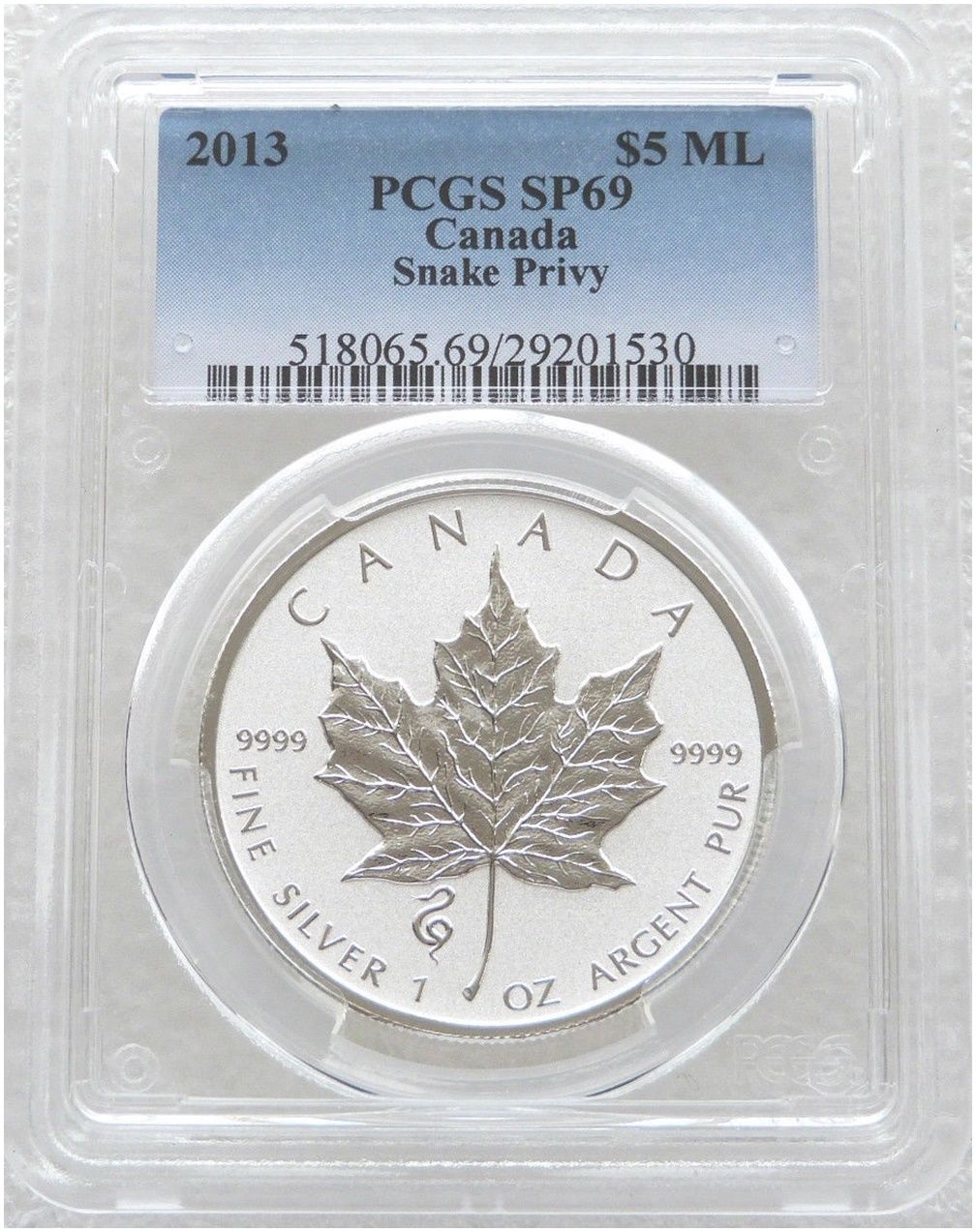 2013 Canada Maple Leaf Lunar Snake Privy $5 Silver Reverse Proof 1oz Coin PCGS SP69