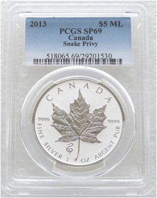 2013 Canada Maple Leaf Lunar Snake Privy $5 Silver Reverse Proof 1oz Coin PCGS SP69 2013 Canada Maple Leaf Lunar Snake Privy $5 Silver Reverse Proof 1oz Coin PCGS SP69