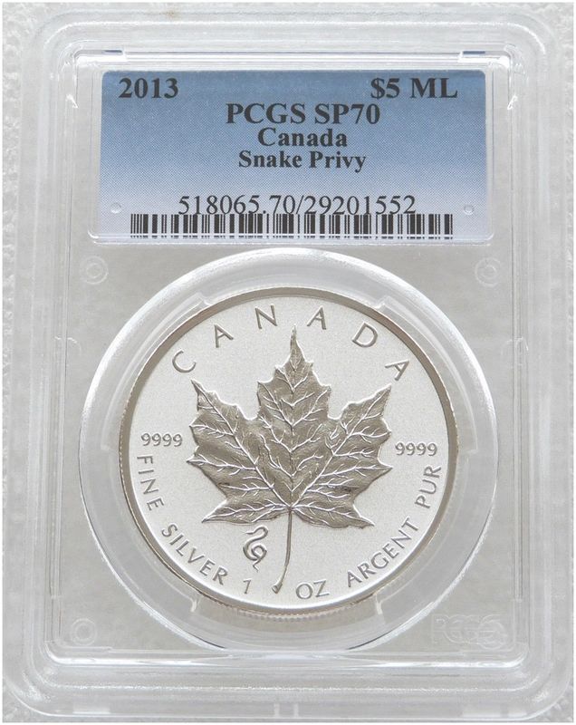 2013 Canada Maple Leaf Lunar Snake Privy $5 Silver Reverse Proof 1oz Coin PCGS SP70
