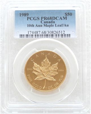 1989 Canada Maple Leaf $50 Gold Proof 1oz Coin PCGS PR68 DCAM 1989 Canada Maple Leaf $50 Gold Proof 1oz Coin PCGS PR68 DCAM