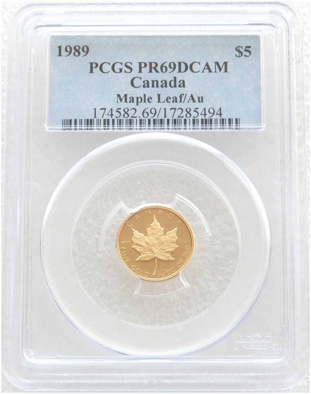 1989 Canada Maple Leaf $5 Gold Proof 1/10oz Coin PCGS PR69 DCAM 1989 Canada Maple Leaf $5 Gold Proof 1/10oz Coin PCGS PR69 DCAM