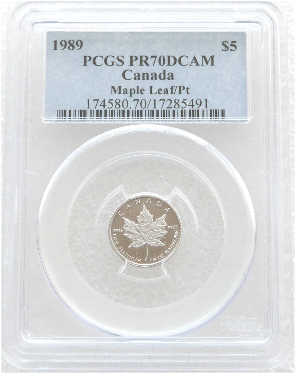 1989 Canada Maple Leaf $5 Platinum Proof 1/10oz Coin PCGS PR70 DCAM