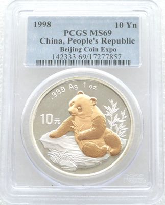1998 China Beijing Coin Expo Panda 10 Yuan Silver Gold 1oz Coin PCGS MS69