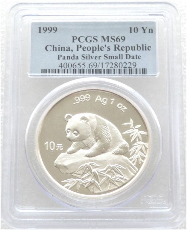 1999-SD China Small Date Panda 10 Yuan Silver 1oz Coin PCGS MS69