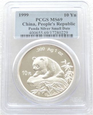 1999-SD China Small Date Panda 10 Yuan Silver 1oz Coin PCGS MS69
