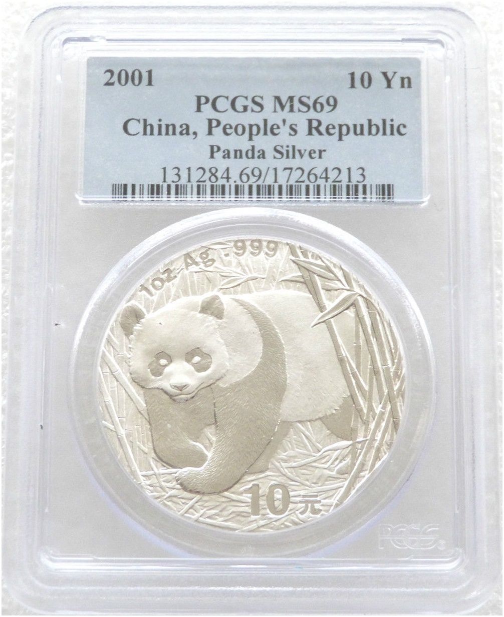 2001 China Panda 10 Yuan Silver 1oz Coin PCGS MS69