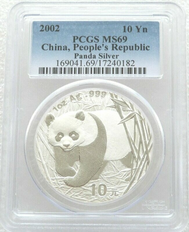 2002 China Panda 10 Yuan Silver 1oz Coin PCGS MS69