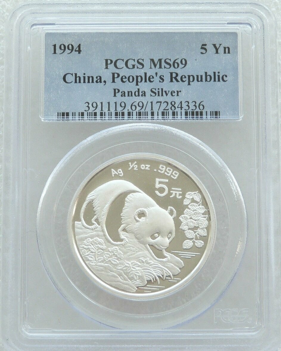 1994 China Panda 5 Yuan Silver 1/2oz Coin PCGS MS69 1994 China Panda 5 Yuan Silver 1/2oz Coin PCGS MS69
