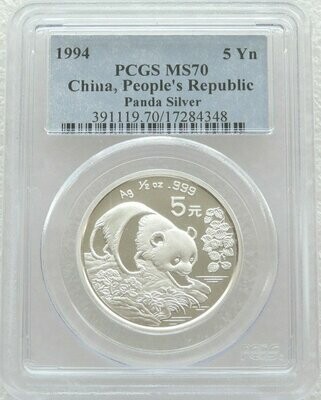 1994 China Panda 5 Yuan Silver 1/2oz Coin PCGS MS70 1994 China Panda 5 Yuan Silver 1/2oz Coin PCGS MS70