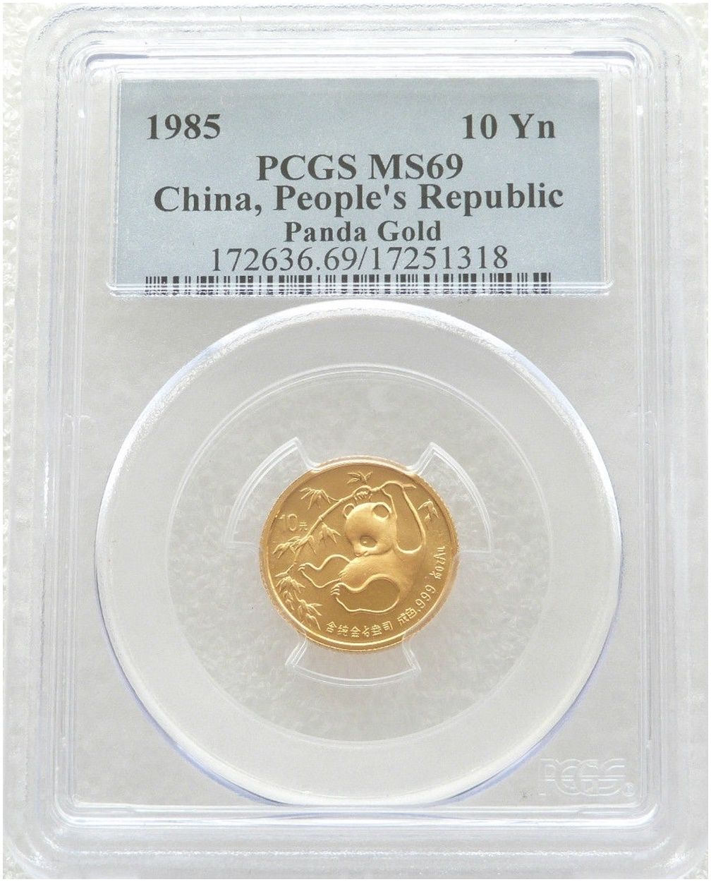 1985 China Panda 10 Yuan Gold 1/10oz Coin PCGS MS69