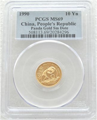 1990-SD China Small Date Panda 10 Yuan Gold 1/10oz Coin PCGS MS69