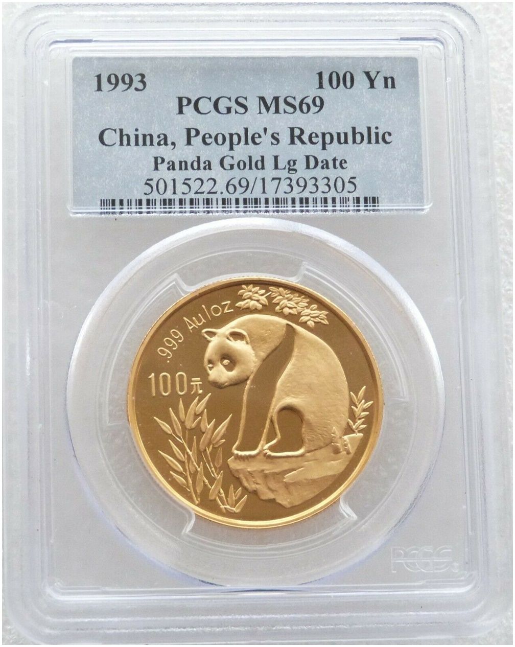 1993-LD China Large Date Panda 100 Yuan Gold 1oz Coin PCGS MS69