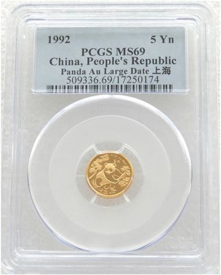 1992-LD China Large Date Panda 5 Yuan Gold 1/20oz Coin PCGS MS69