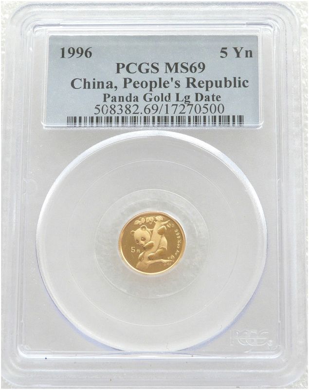 1996-LD China Large Date Panda 5 Yuan Gold 1/20oz Coin PCGS MS69
