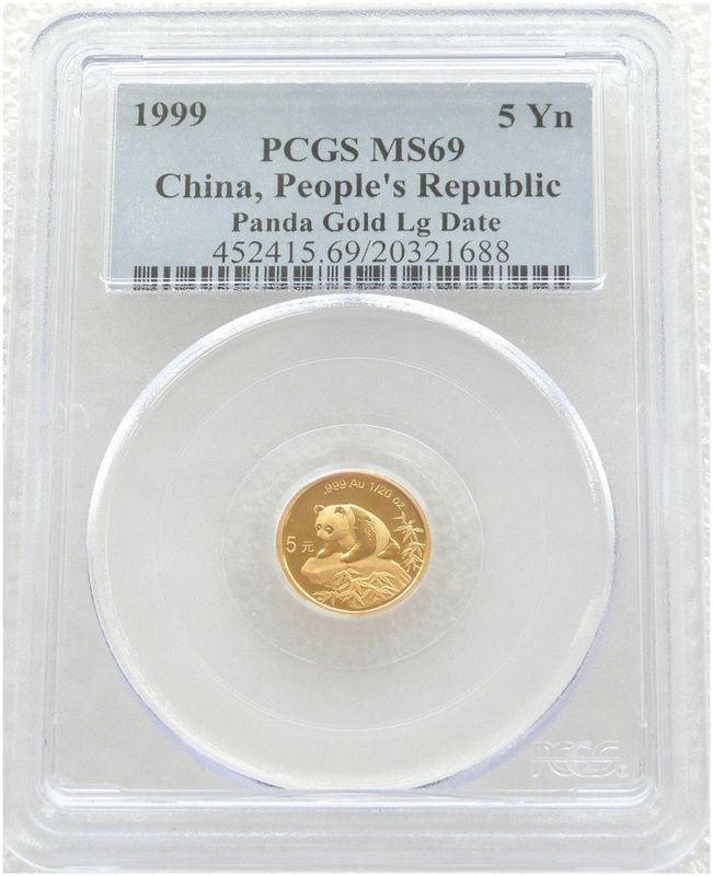1999-LD China Large Date Panda 5 Yuan Gold 1/20oz Coin PCGS MS69