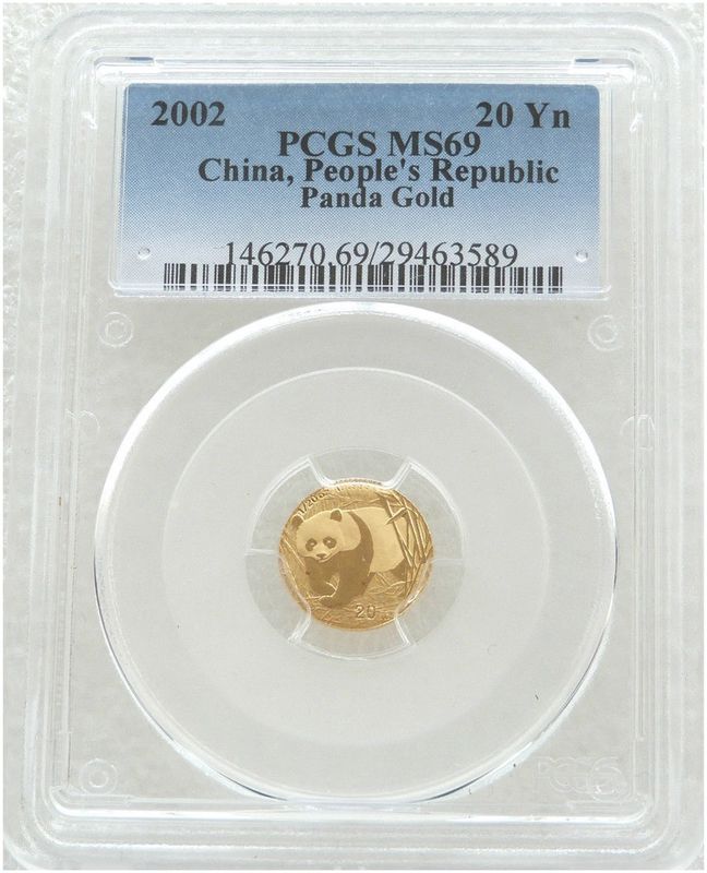 2002 China Panda 20 Yuan Gold 1/20oz Coin PCGS MS69