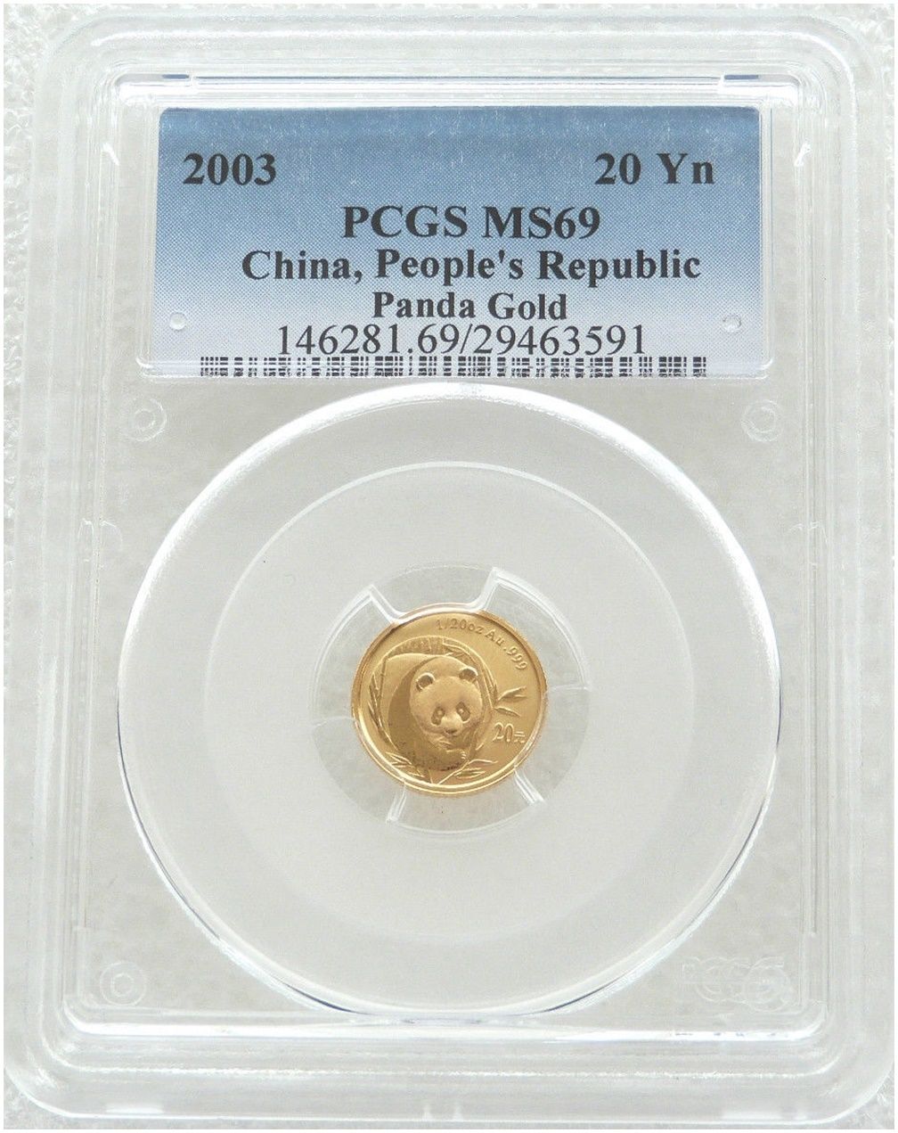 2003 China Panda 20 Yuan Gold 1/20oz Coin PCGS MS69