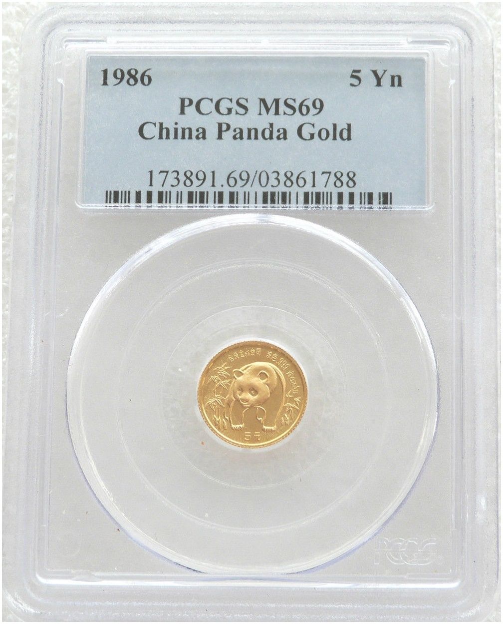 1986 China Panda 5 Yuan Gold 1/20oz Coin PCGS MS69