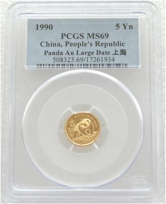 1990-LD China Large Date Panda 5 Yuan Gold 1/20oz Coin PCGS MS69