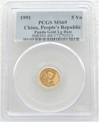 1991-LD China Large Date Panda 5 Yuan Gold 1/20oz Coin PCGS MS69