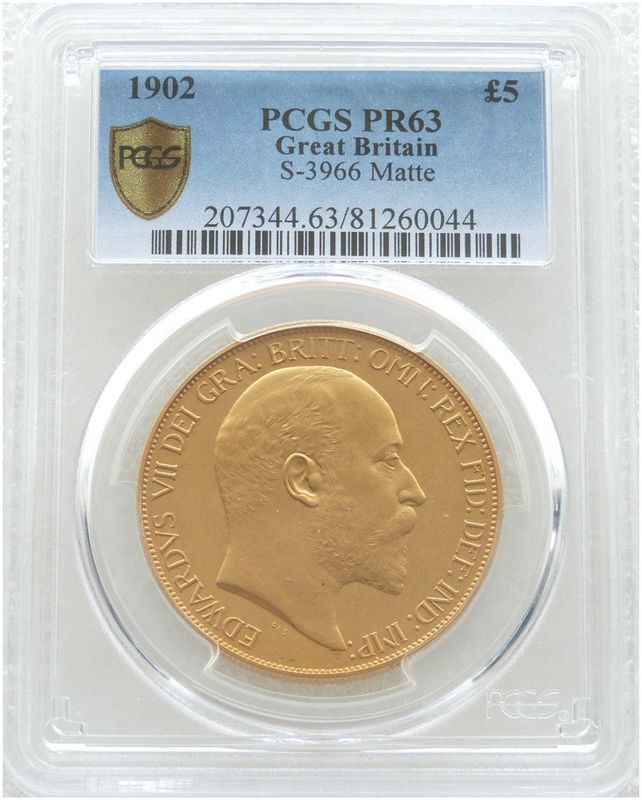 1902 Edward VII Coronation £5 Five Pound Sovereign Gold Matte Proof Coin PCGS PR63 1902 Edward VII Coronation £5 Five Pound Sovereign Gold Matte Proof Coin PCGS PR63