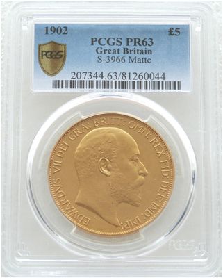 1902 Edward VII Coronation £5 Five Pound Sovereign Gold Matte Proof Coin PCGS PR63 1902 Edward VII Coronation £5 Five Pound Sovereign Gold Matte Proof Coin PCGS PR63
