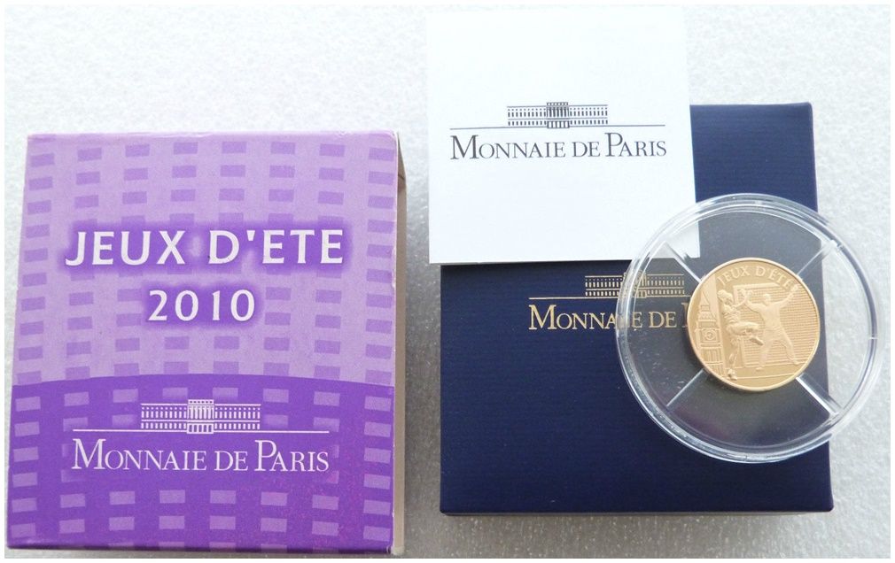 2010 France Summer Games Handball 50 Euro Gold Proof 1/4oz Coin Box Coa