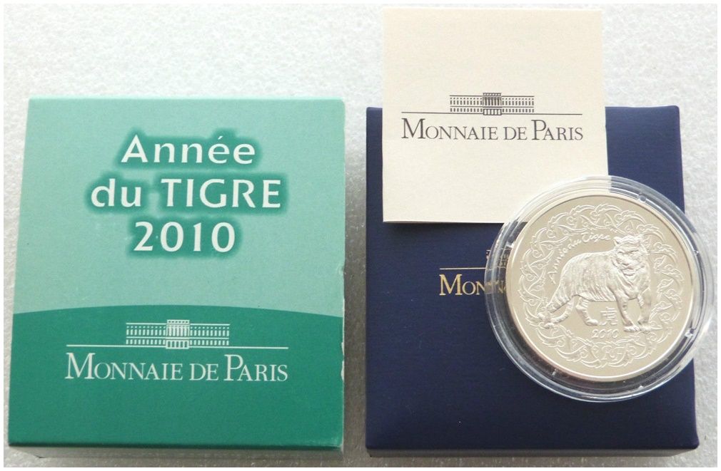 2010 France Lunar Tiger 5 Euro Silver Coin Box Coa 2010 France Lunar Tiger 5 Euro Silver Coin Box Coa
