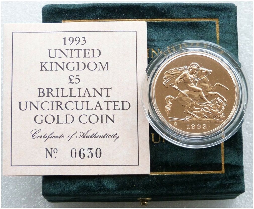 1993-U St George and the Dragon £5 Five Pound Sovereign Gold Coin Box Coa