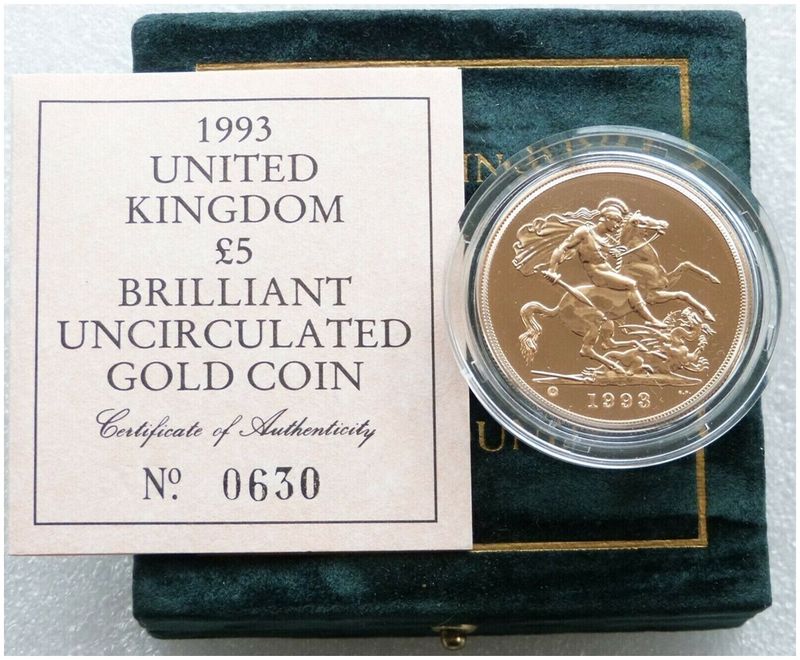 1993-U St George and the Dragon £5 Five Pound Sovereign Gold Coin Box Coa