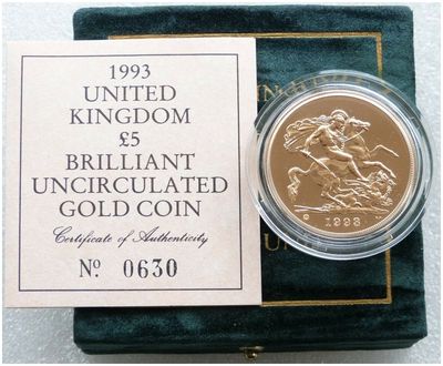1993-U St George and the Dragon £5 Five Pound Sovereign Gold Coin Box Coa