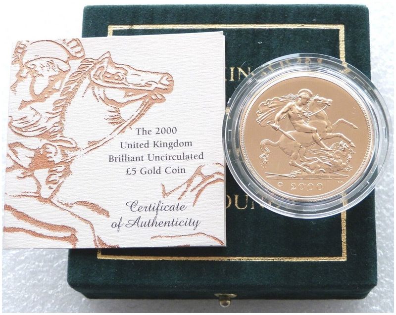 2000-U St George and the Dragon £5 Five Pound Sovereign Gold Coin Box Coa