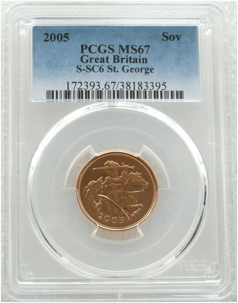 2005 St George and the Dragon Full Sovereign Gold Coin PCGS MS67 - Timothy Noad