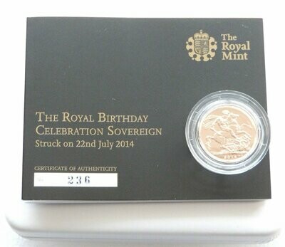 2014 Struck on the Day Prince George Royal First Birthday Full Sovereign  Gold Coin Box Coa