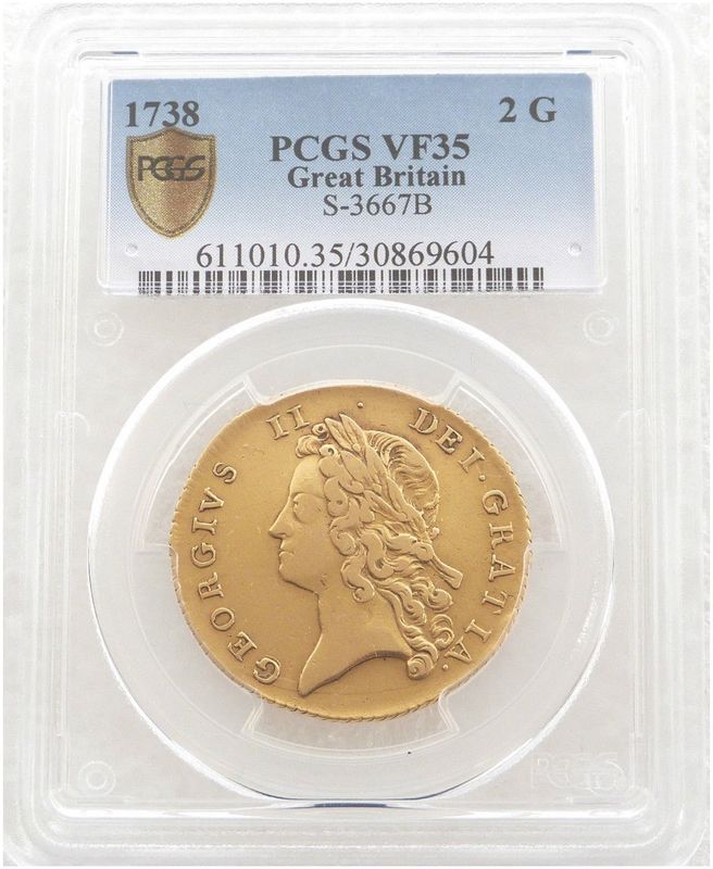 1738 George II Young Head Shield 2 Guinea Gold Coin PCGS VF35 1738 George II Young Head Shield 2 Guinea Gold Coin PCGS VF35