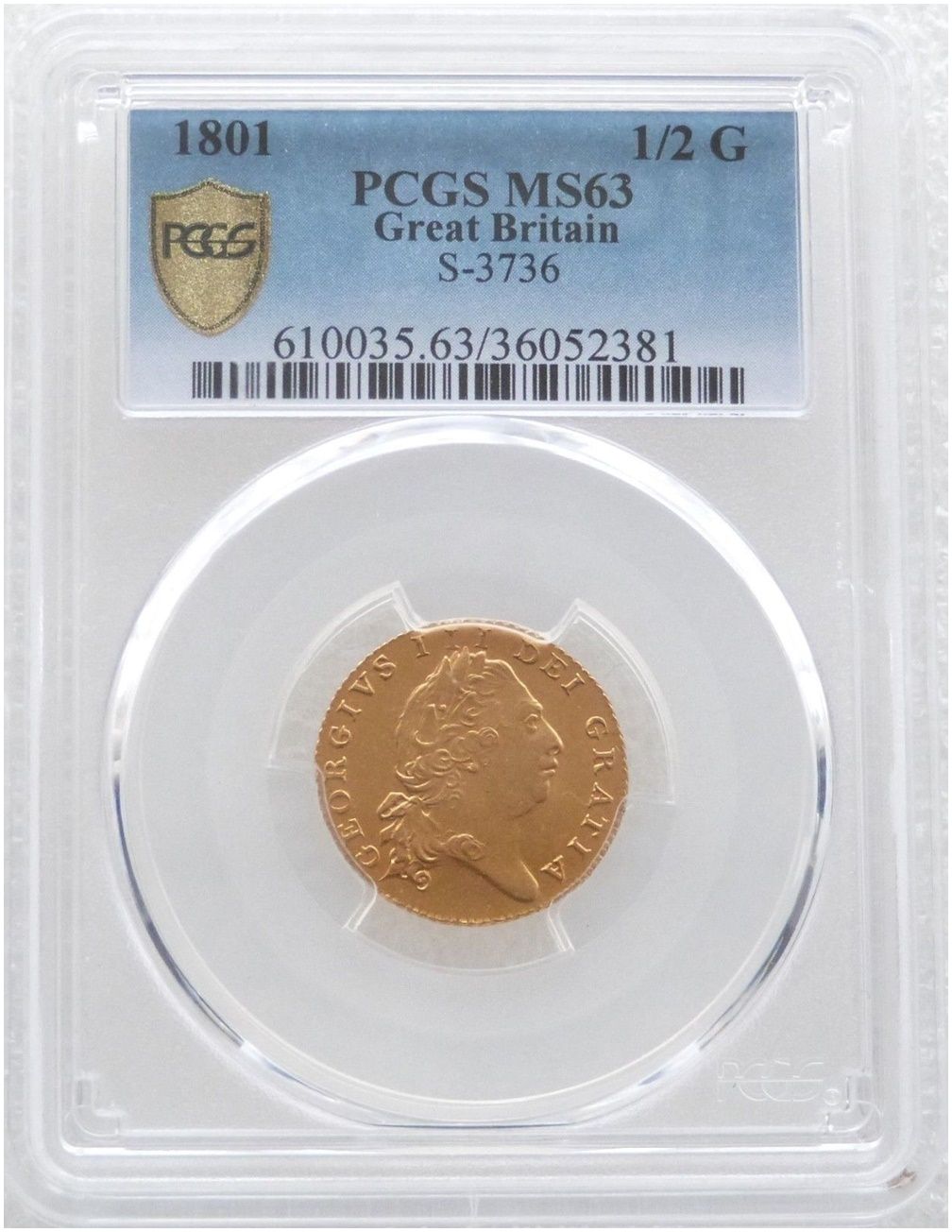 1801 George III Sixth Laur Head Half Guinea Gold Coin PCGS MS63