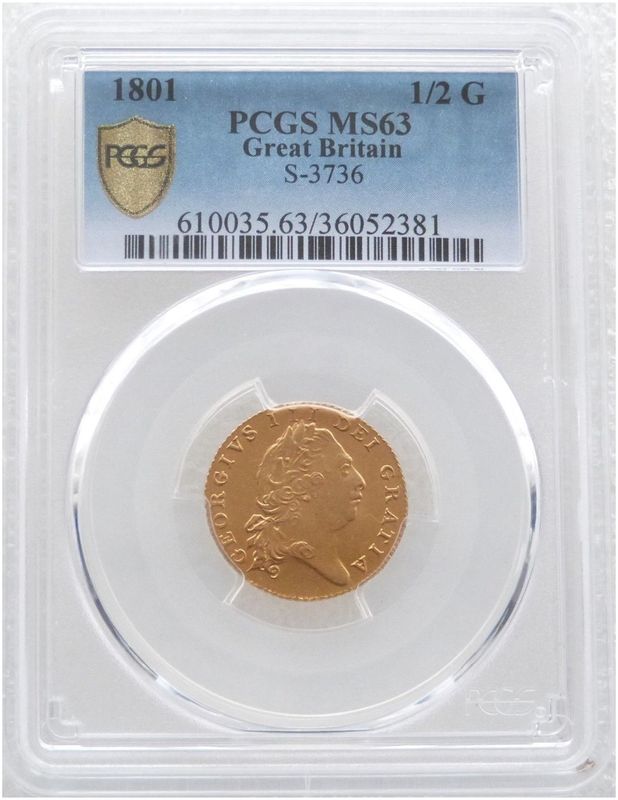 1801 George III Sixth Laur Head Half Guinea Gold Coin PCGS MS63