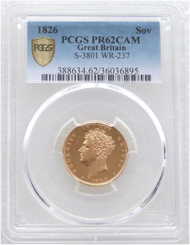 1826 George IV Bare Head Royal Arms Full Sovereign Gold Proof Coin PCGS PR62 CAM 1826 George IV Bare Head Royal Arms Full Sovereign Gold Proof Coin PCGS PR62 CAM