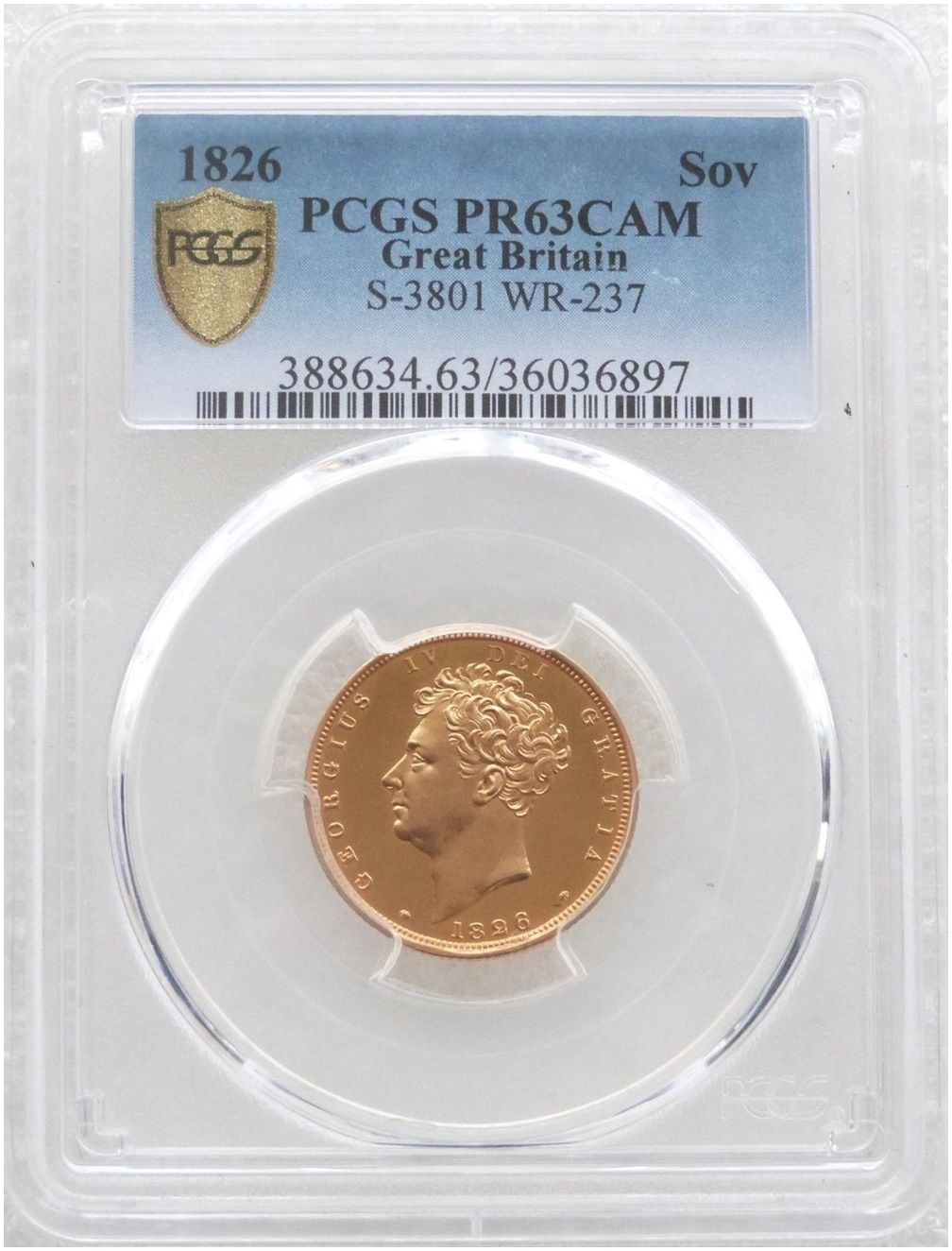 1826 George IV Bare Head Royal Arms Full Sovereign Gold Proof Coin PCGS PR63 CAM 1826 George IV Bare Head Royal Arms Full Sovereign Gold Proof Coin PCGS PR63 CAM
