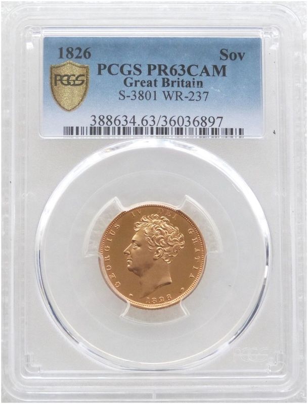 1826 George IV Bare Head Royal Arms Full Sovereign Gold Proof Coin PCGS PR63 CAM 1826 George IV Bare Head Royal Arms Full Sovereign Gold Proof Coin PCGS PR63 CAM