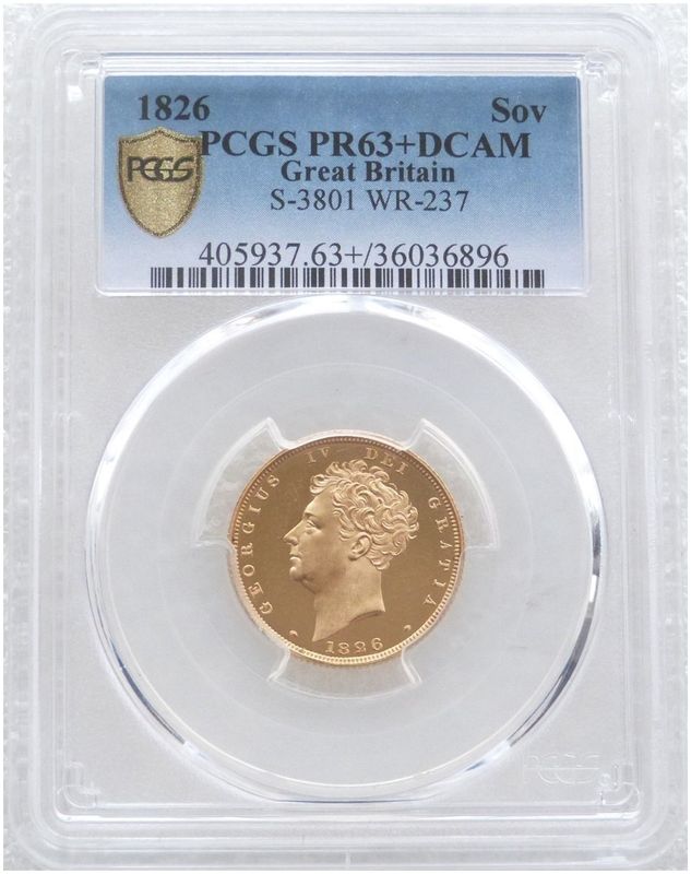 1826 George IV Bare Head Royal Arms Full Sovereign Gold Proof Coin PCGS PR63+ DCAM 1826 George IV Bare Head Royal Arms Full Sovereign Gold Proof Coin PCGS PR63+ DCAM