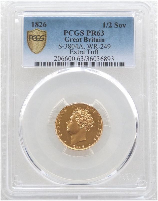 1826 George IV Bare Head Royal Arms Half Sovereign Gold Proof Coin PCGS PR63 1826 George IV Bare Head Royal Arms Half Sovereign Gold Proof Coin PCGS PR63