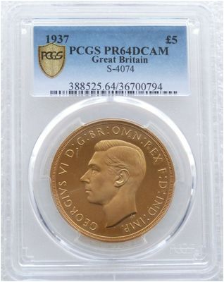 1937 George VI Coronation £5 Five Pound Sovereign Gold Proof Coin PCGS PR64 DCAM 1937 George VI Coronation £5 Five Pound Sovereign Gold Proof Coin PCGS PR64 DCAM