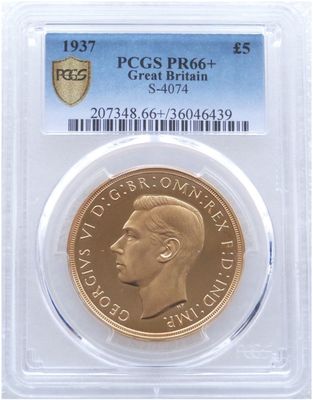 1937 George VI Coronation £5 Five Pound Sovereign Gold Proof Coin PCGS PR66+ 1937 George VI Coronation £5 Five Pound Sovereign Gold Proof Coin PCGS PR66+